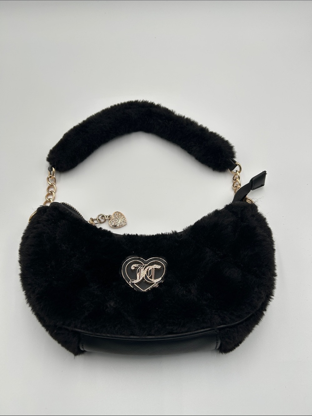 Juicy Couture Black Faux Fur Shoulder Bag with Gold Heart Logo